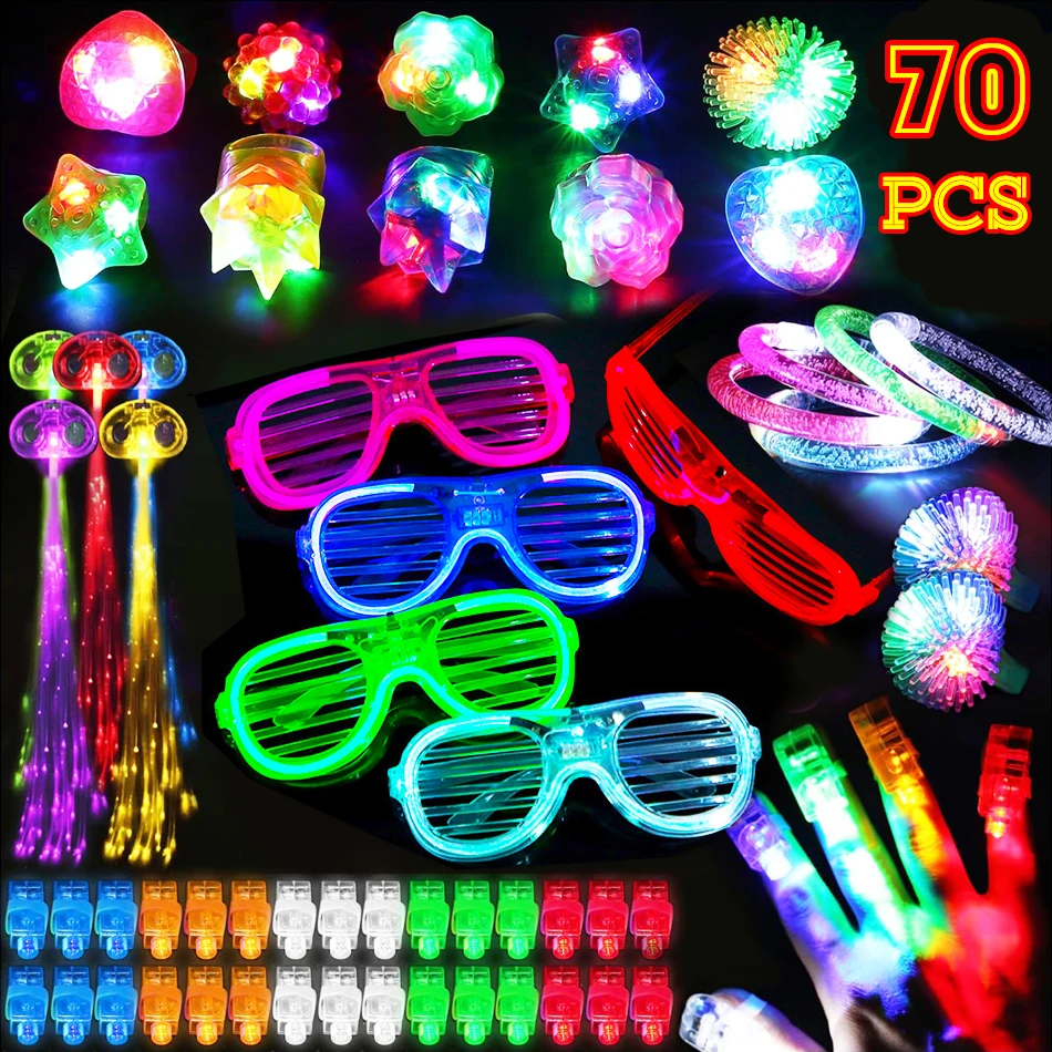 70 Uds. Suministros para fiestas que brillan en la oscuridad, gafas LED/pulseras iluminadas/luces para dedos/anillos de gelatina/pelo ligero para cumpleaños y bodas