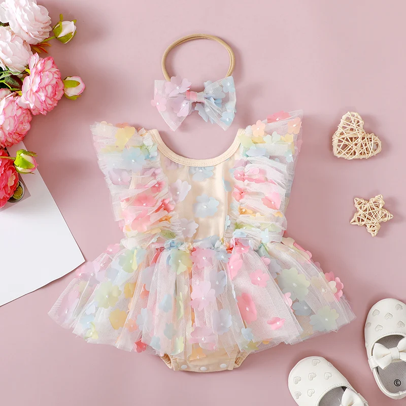 

Suefunskry Baby Girls Romper Dress Flower Embellished Fly Sleeve Mesh Skirt Hem Infant Bodysuits Summer Clothes with Headband