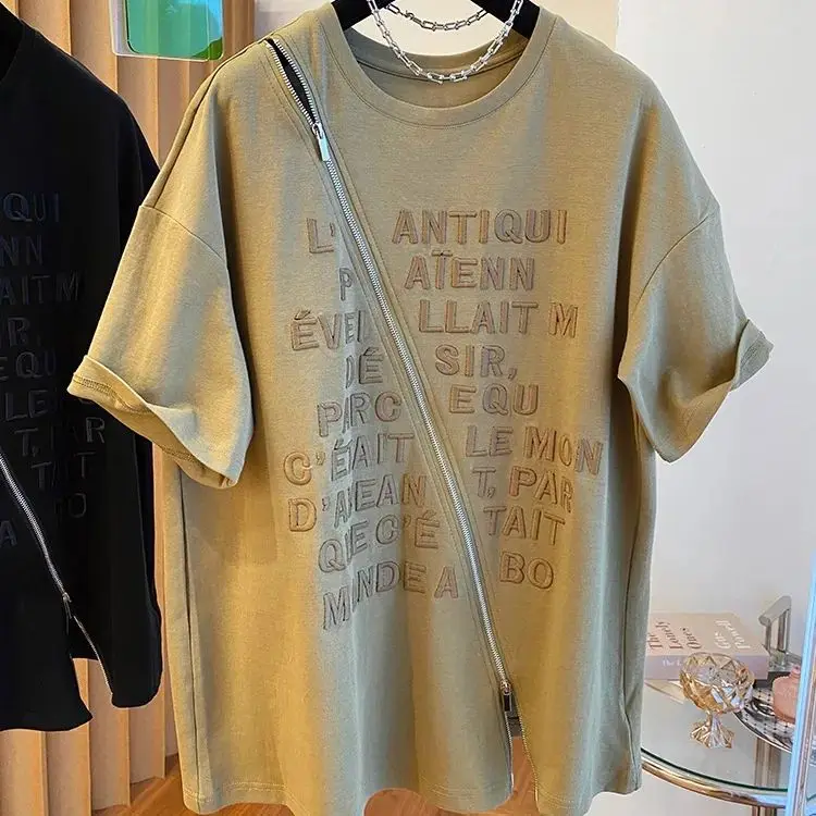 Extra Large Size 300 Catties Spring and Summer New Style Design Niche Loose Embroidery T-shirt Women's Short-sleeved Zipper Top