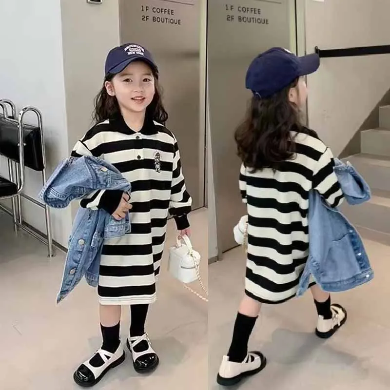 Mädchen Streifenkleider Frühling Kinder Langarm Polokragen Sweatshirt-Kleid Herbst Kinder Mode Freizeitkleidung 1-10 Jahre