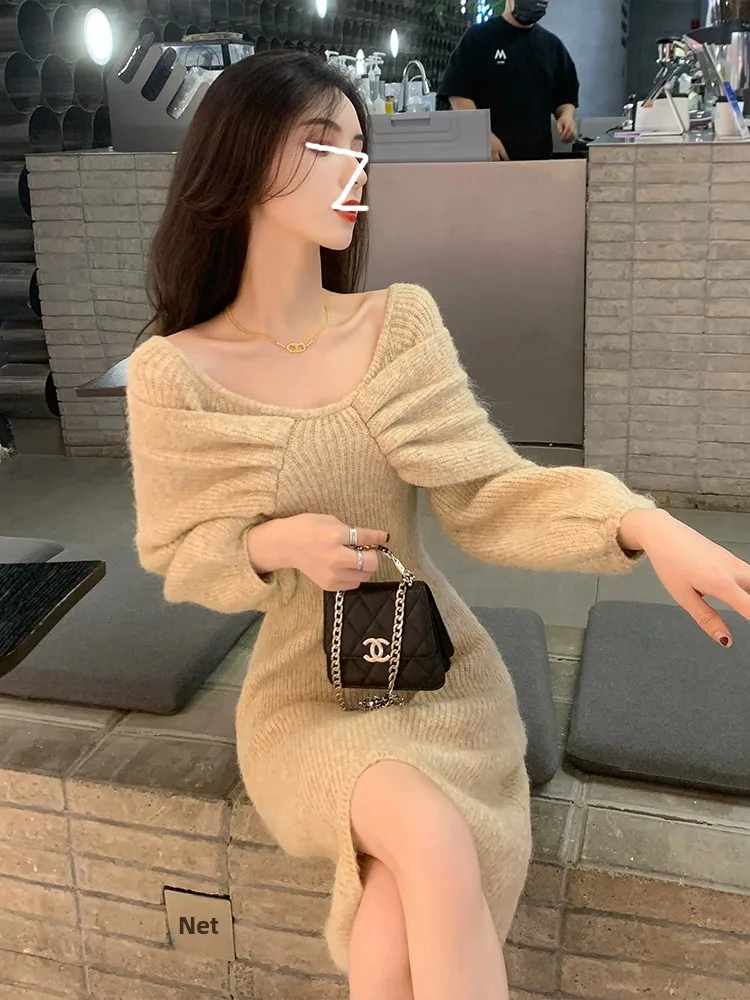 Ele Gebreide Dr Dames Bodycon Rok Met Hoge Taille Herfst Winter Faion Afslanken Lange Sve V-Ne Pendelen Sle