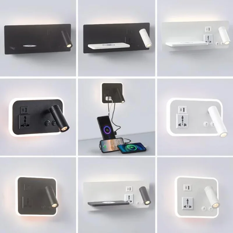 

Led Wall Lamps Cell Phone Wireless Charging with USB Port Nordic Bedside Bed Bedroom Lights Rotatable with Switch Reading Light