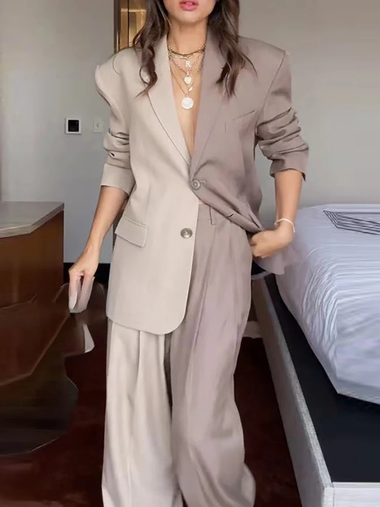 Contract Color Slim Blazer Work Outfits Elegant Women Notch Collar Long Sleeve Jackets&Trousers Suit Group Of Pant Set Fashion