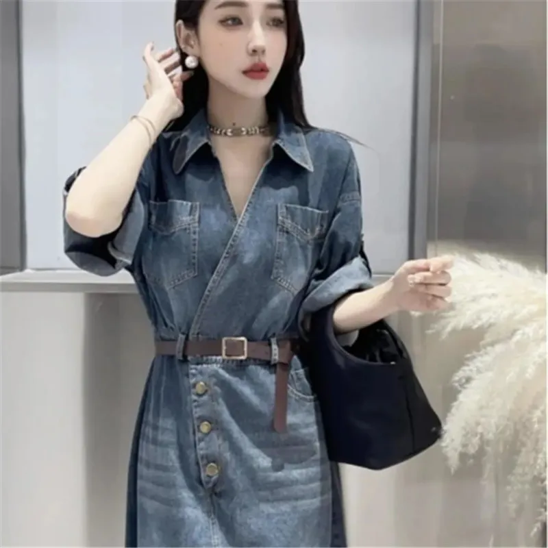 Spring Summer Mid-Long Denim Dress Women 2023 New Fashion Pure Colour V-Neck Casual Split Skirt Short Sleeves Dresses Female