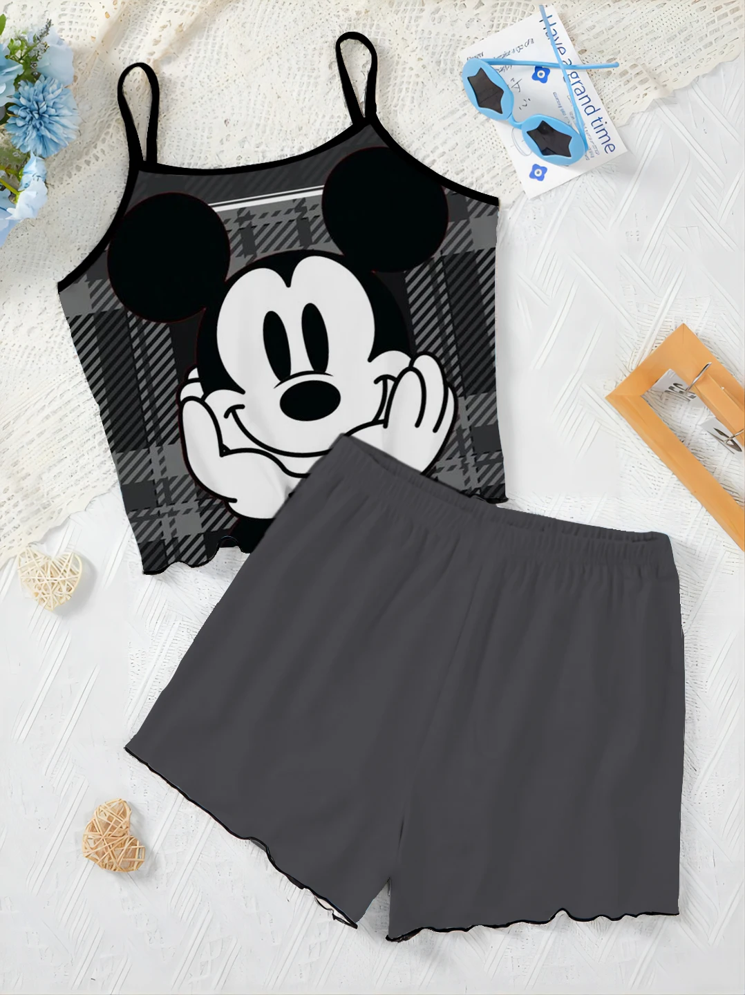 Top Disney Minnie Mouse Short Sets for Women 2 Pieces Lettuce Trim T-shirt Mickey Slip Dress Women\'s Suit Pajama Skirt Elegant