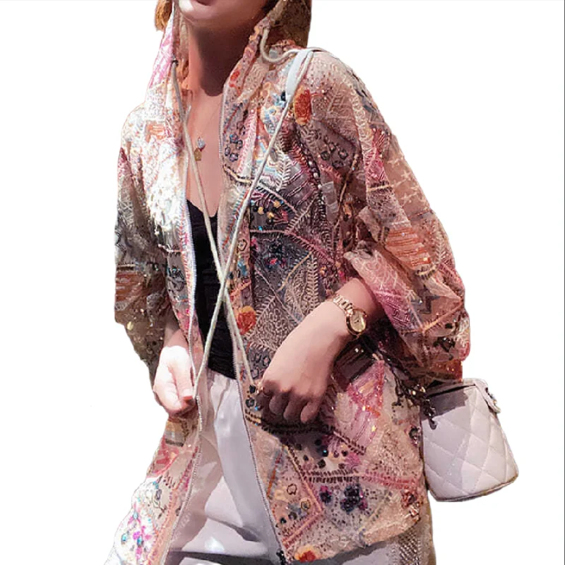 Women Sequined Hoodies Coats Jackets Thin Beaded Baseball Cardigan Sunscreeen Zipper Bomber Coat Pink Shiny Mesh Spliced Tops