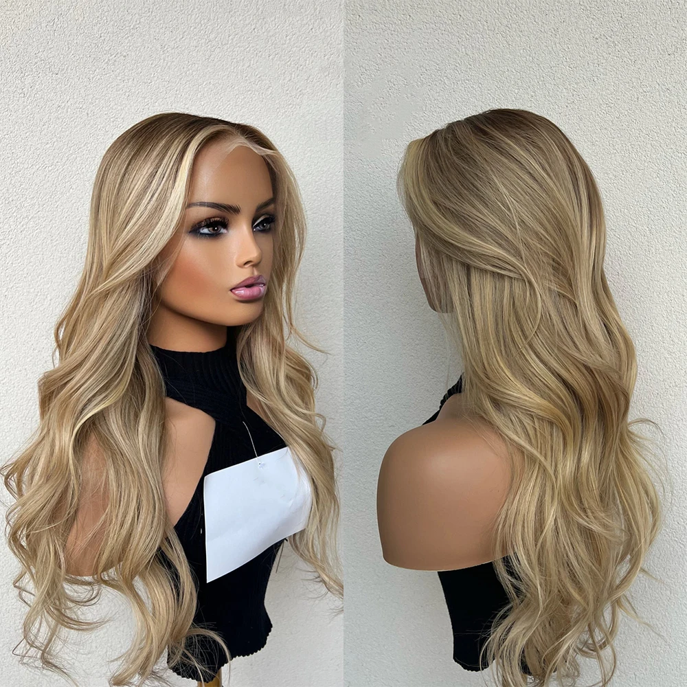 

100% Human Hair Full Lace Wigs Soft Gold Blonde Light Brown Roots Highlights Slight Wavy Wig 13x6 HD Glueless Frontal Wig 200%