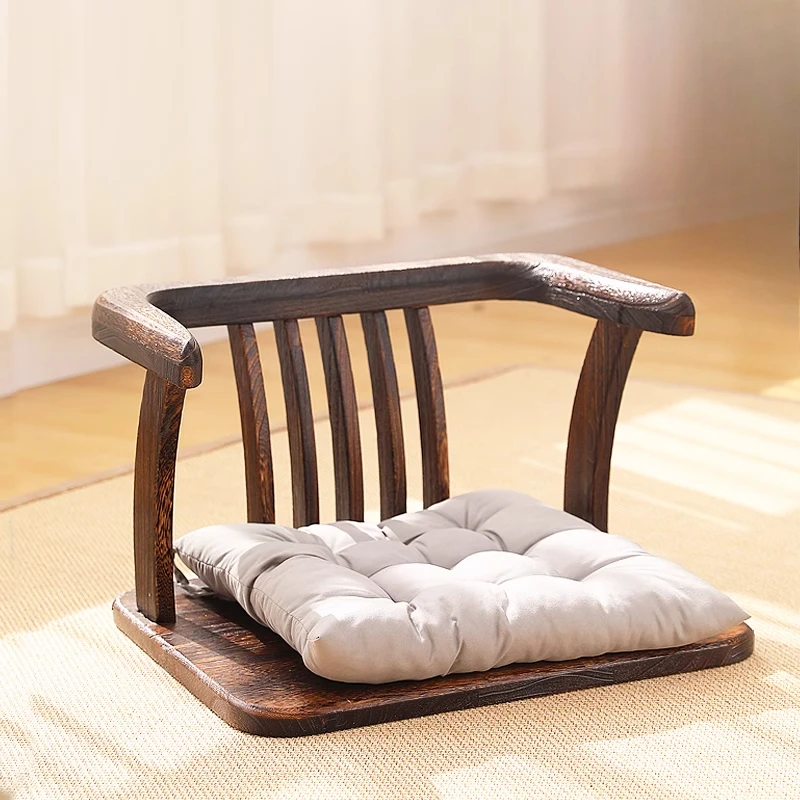 كرسي تاتامي ياباني من الخشب الصلب مع مسند ظهر لحفل الشاي كرسي بذراعين على طراز زن للشرفة أو غرفة المعيشة