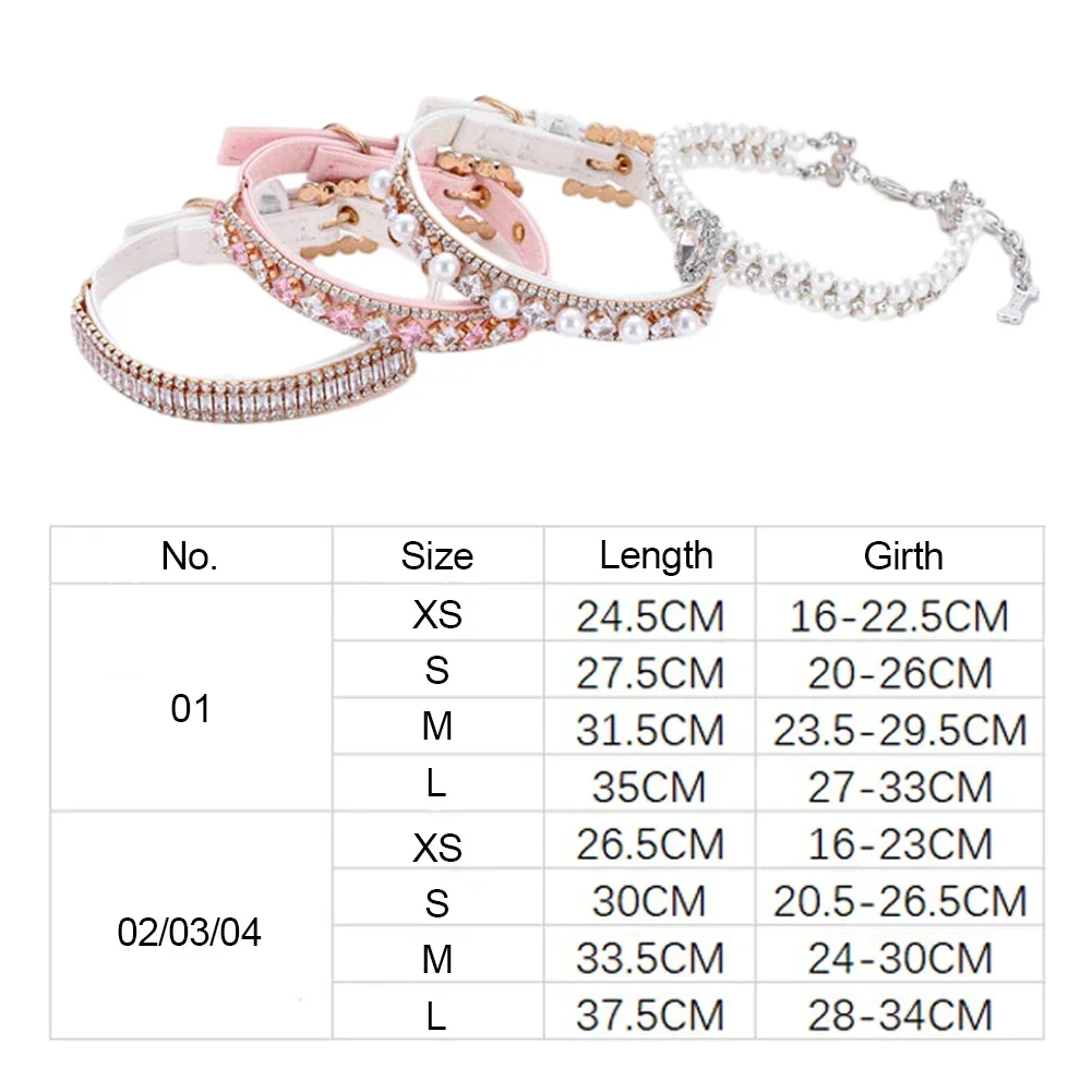 Adjustable Dog Cat Pearl Collar For Puppy Cat Strap Crystal Rhinestone Pearl Cat Necklace PU Leather Neck Strap Pet Accessories