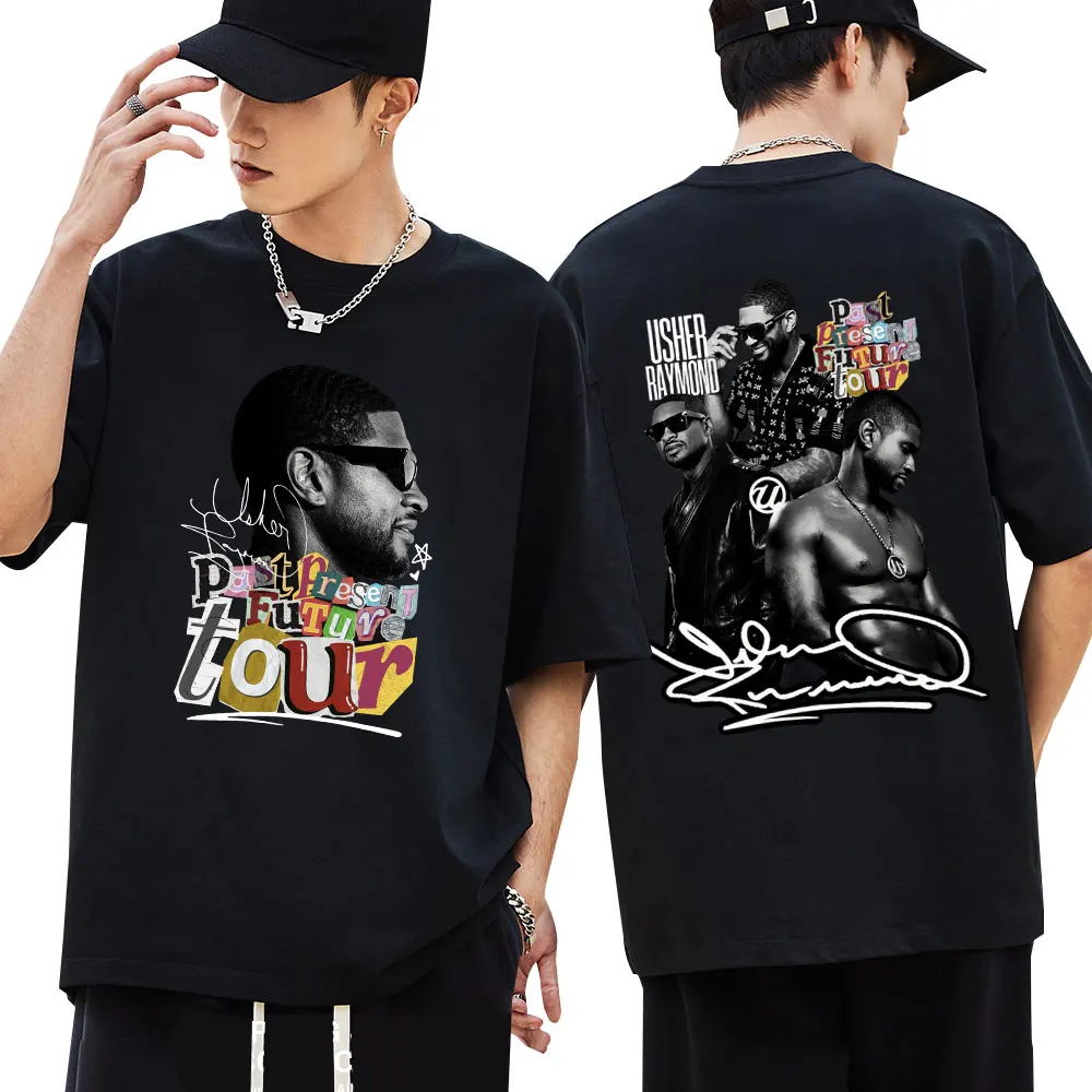 Usher Past Resent Future 2024 Tour T-shirt Hip Hop Vintage Harajuku Punk Short Sleeve Men Women Loose Cotton T Shirts Streetwear