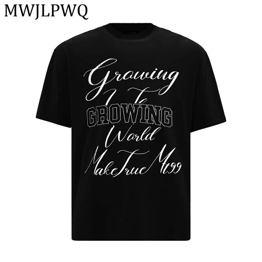

MWJLPWQ Street Style Letter Print T-Shirt For Men American Loose Fit Cotton Round Neck Half-Sleeve Casual Tee 2026 Summer 14127