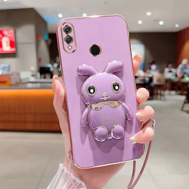 Phone Case For Huawei Honor 8X Max Luxury Plating Square Rabbit Holder With Landyard Phone Case Cover