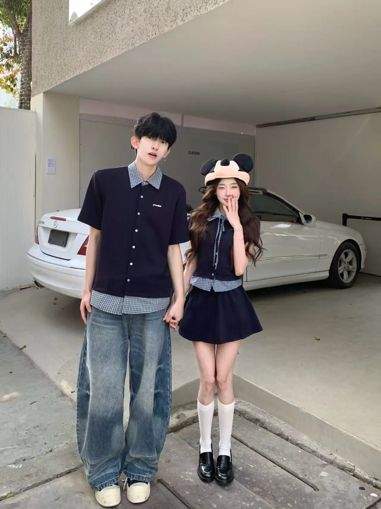 Quintessence Design Couple's Short Sleeve Plaid Shirt Set Spring 2026 College Style Patchwork Outfit Trendy Chinese Brand