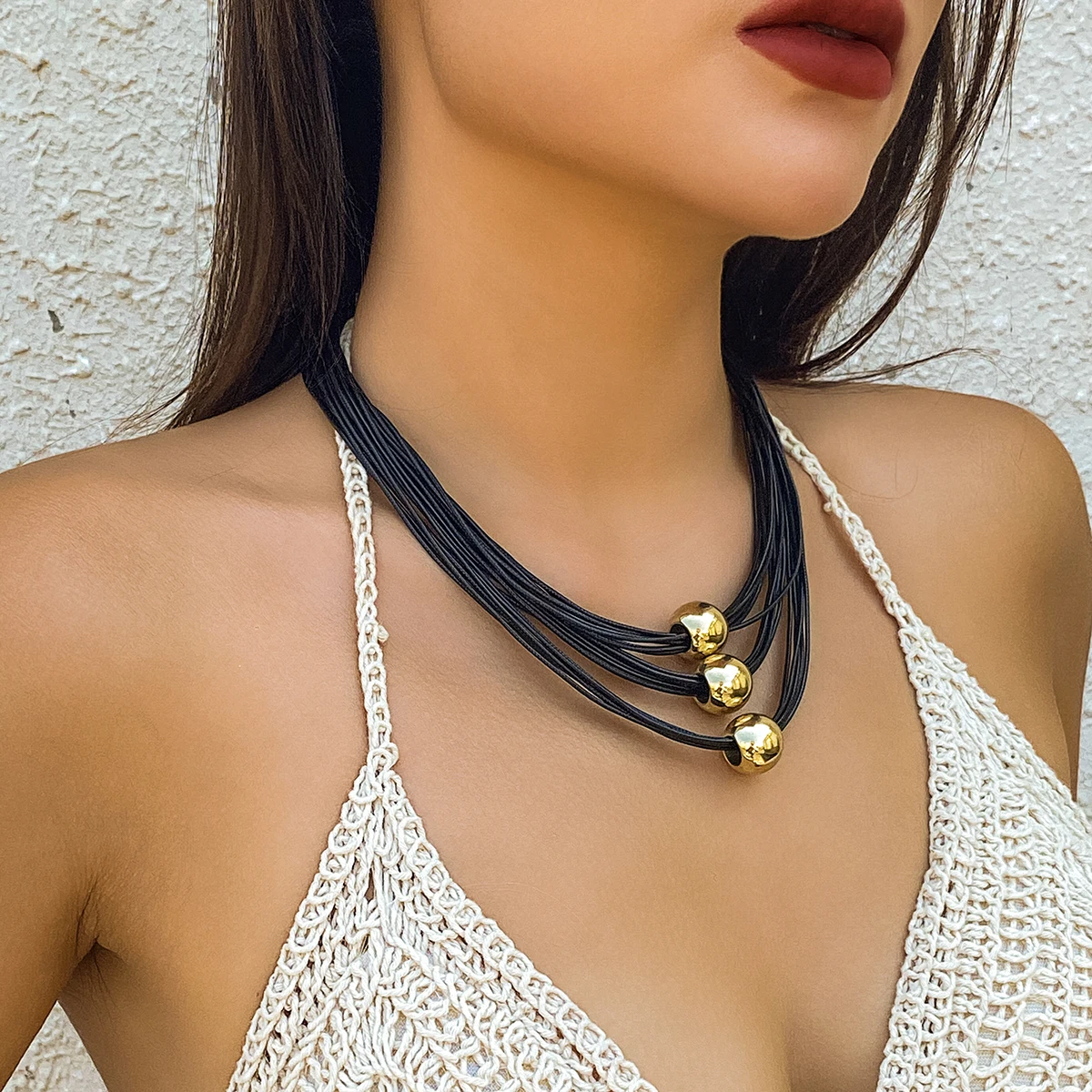 Salircon Punk CCB Bead Pendant Choker Simple Multi layered Leather Wax Rope Chain Clavicle Necklace Women\'s Casual Neck Jewelry