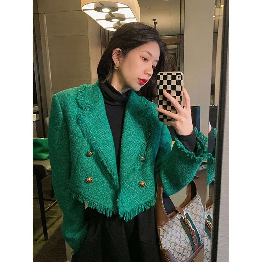 

Women Small Fragrance Blazer Jacket Office Lady Double Breasted Button Up Tassel Coat Casual Girls Temperament Streetwear U802
