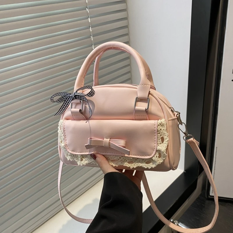 

Стильные женские сумки через плечо из искусственной кожи с кружевным бантом, универсальные дамские сумки-боулинг, портативные милые женские сумочки-клатчи