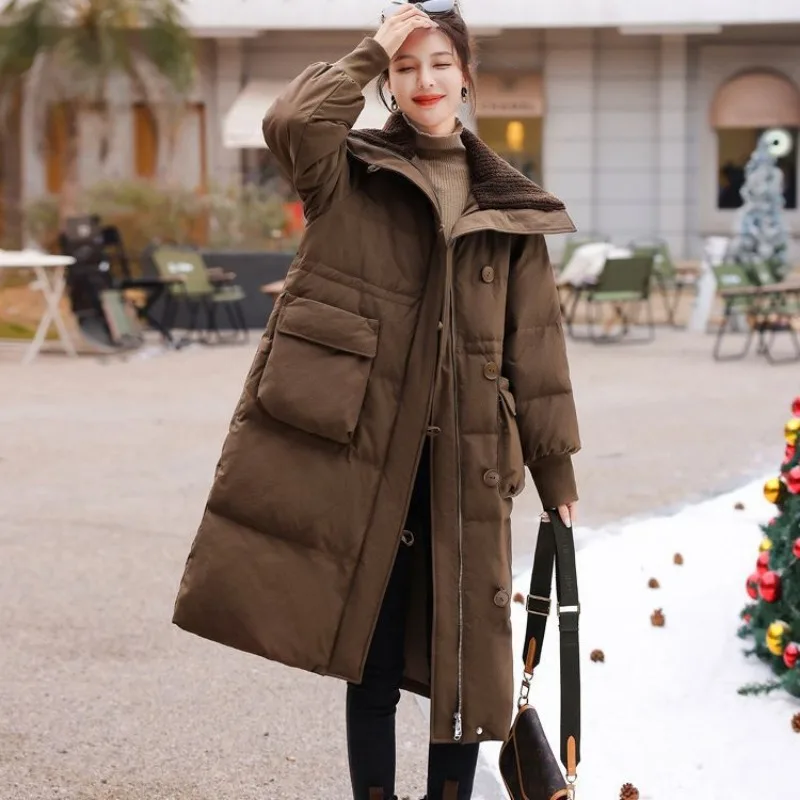 Oversize Winter Parkas Women Coat 2023 Korean Fashion Long Sleeve Hooded Jacket Belt Pockets Thickened Warmer Outerwear