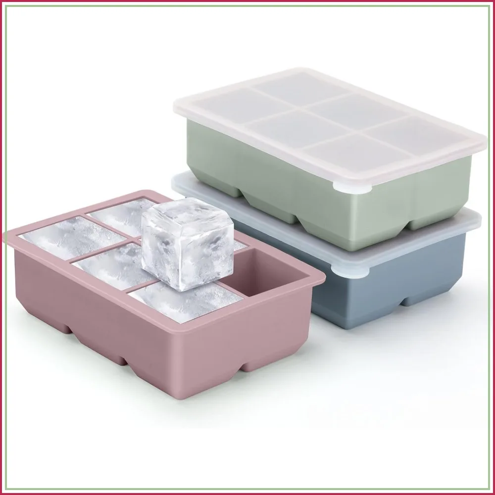

Large Silicone Ice Cube Trays 3 Pack - Square Ice Molds with Leak Proof Lid, BPA Free, Stackable for Cocktail & Whiskey