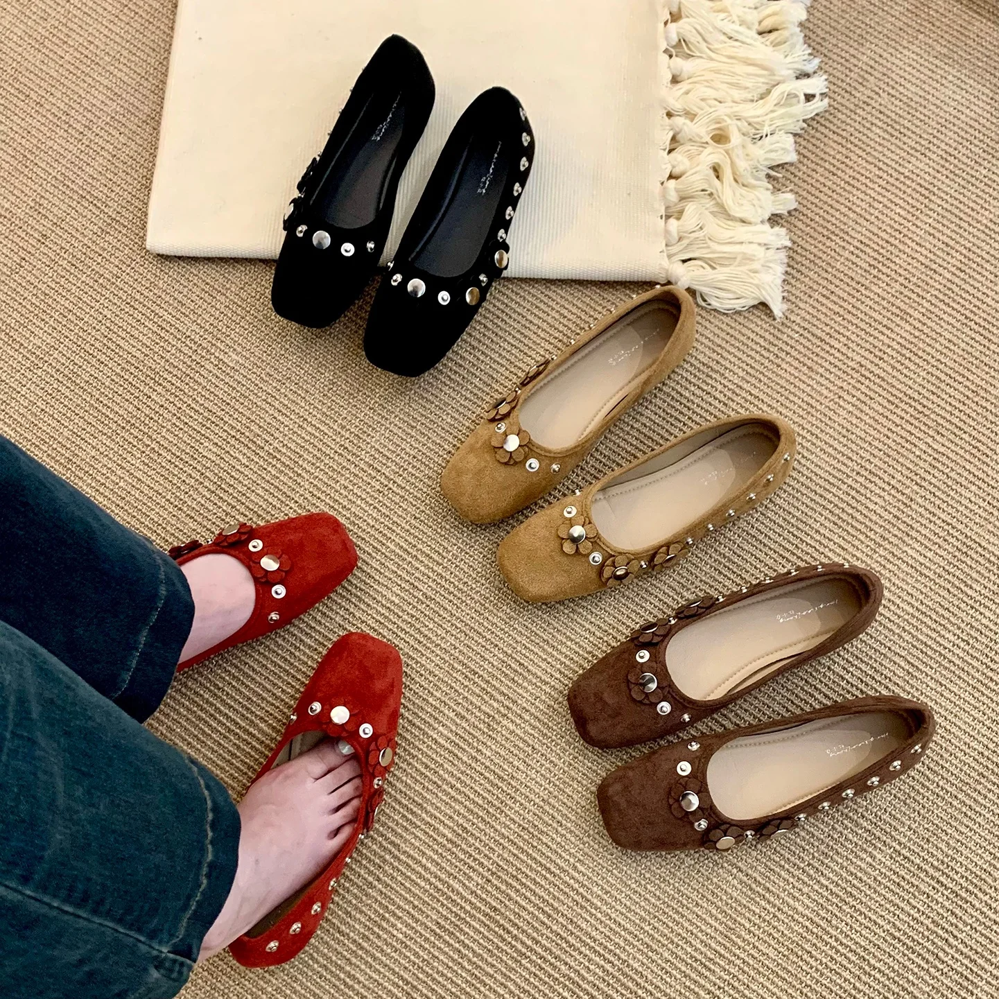 オールマッチバレリーナシューズ-女性用-2026-韓国風シューズ-スクエアトゥ-ローファー-ファー付き-リボン結び-女性用フットウェア-バレエシューズ-快適-モディス-スリップ