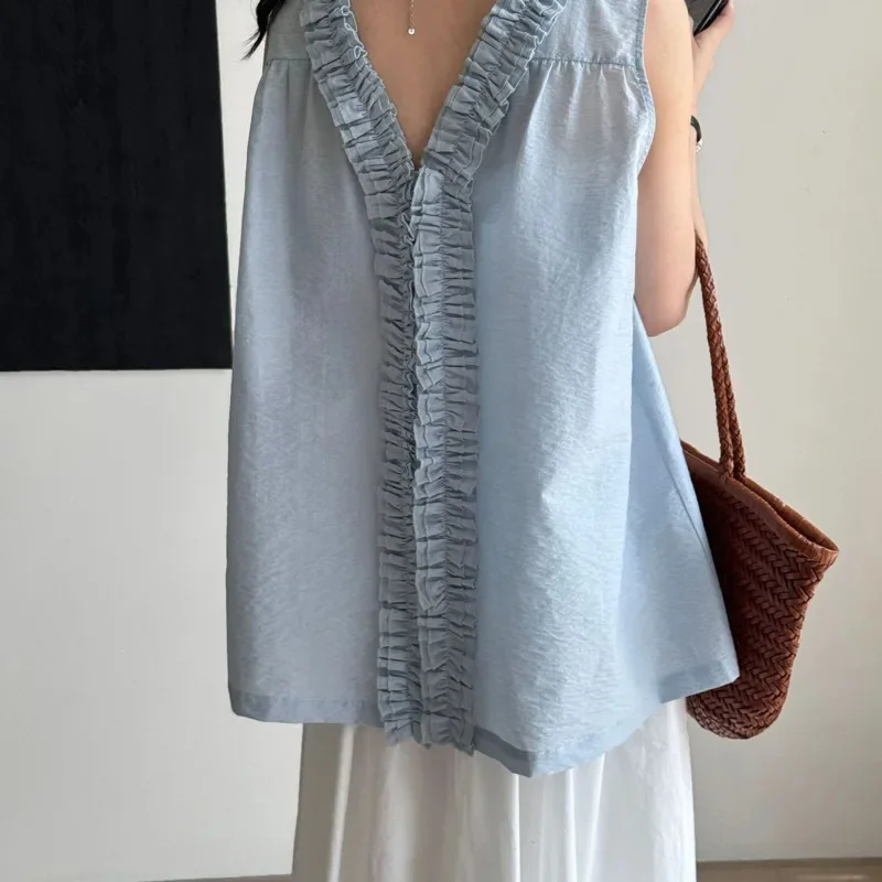 Reversible V Neck Sleeveless Knit Top Korean Lettuce Edge Blue One Size Mid Length Casual Summer Layering Blouse For Women Chic