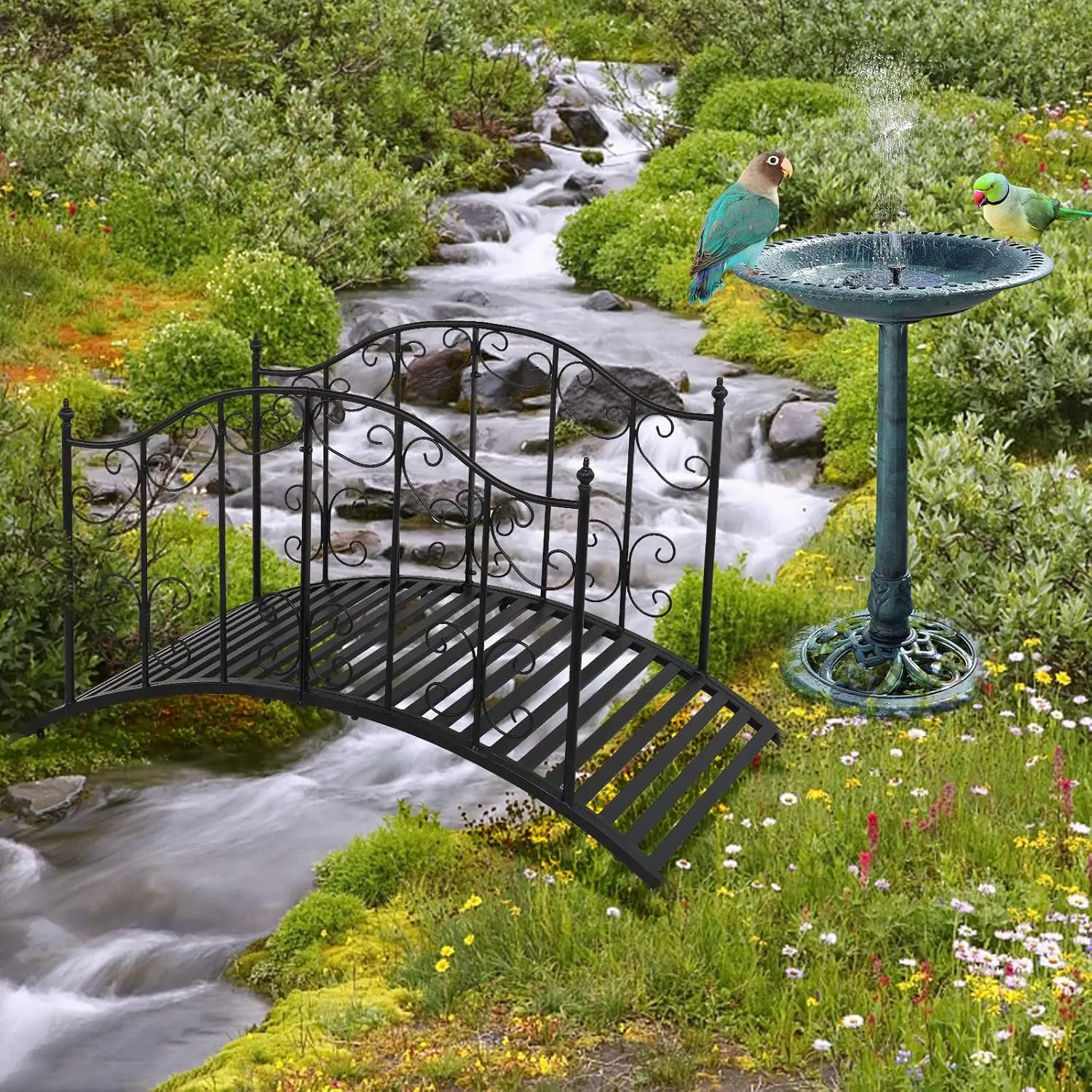Garden Bridge Metal Yard Arch Path Bridge with Patterned Guardrails, Ourdoor Decorative Black Iron Foot Bridge, Customized