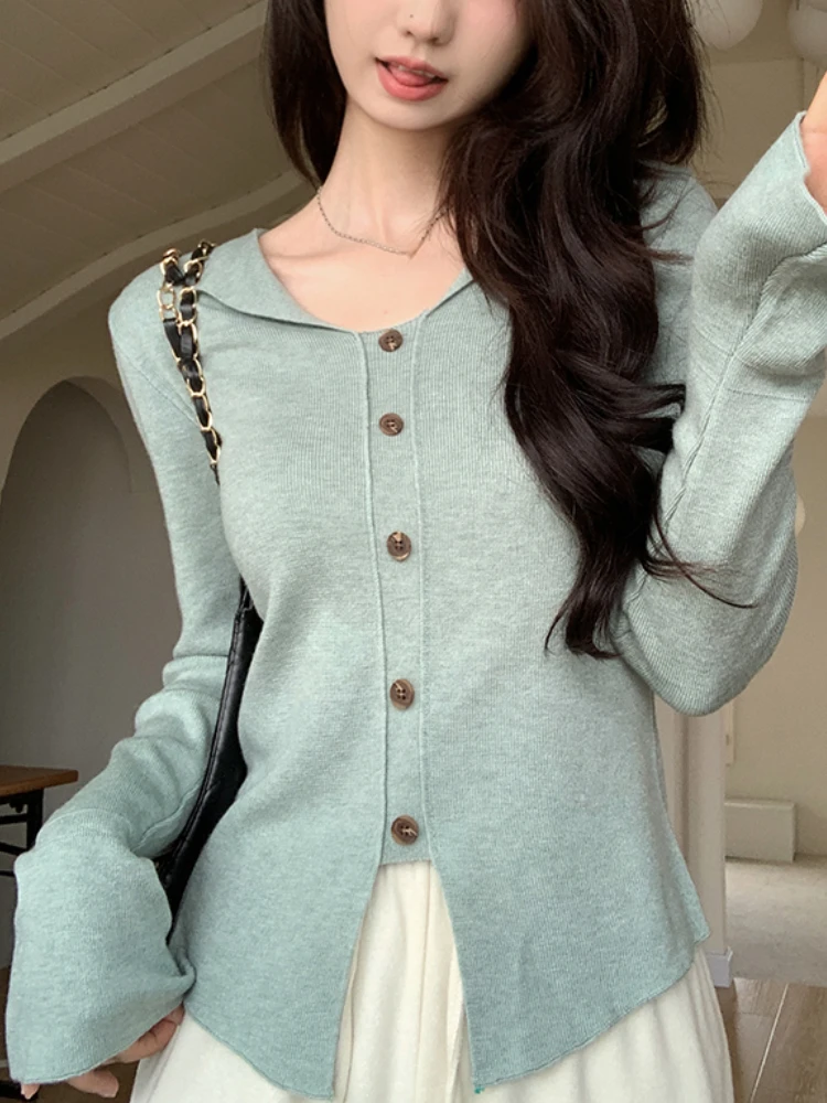 

Solid Korean Fashion Slim Pullovers Women French Vintage Knitted Elegant Pullover Female Office Lady Long Sleeve Sweet Clothings