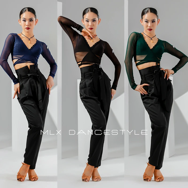 Summer Women Latin Dance Tops Sexy See-Through Crop Tops ChaCha Practice Clothes Samba Rumba Performance Stage Costume YS3698