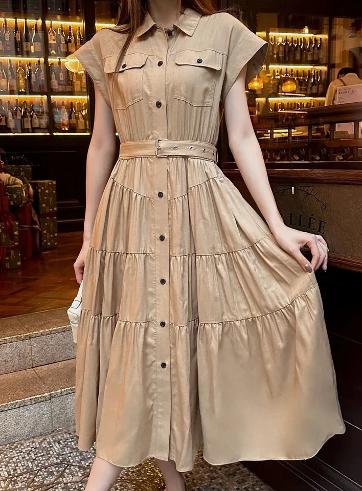 2024 spring women safari style single breasted long dresses short sleeve turn down collar belt a-line dress