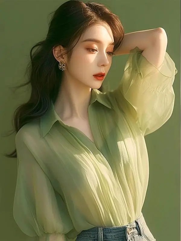 

Green Chiffon Short Sleeved Blouse for Women New Summer Style Chic French Top