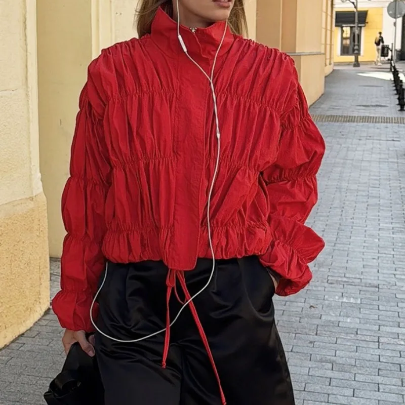 Women Chic Turtleneck Zipper Jackets Autumn Elegant Long Sleeve Pleated Coats for Woman Casual High Street Outerwear Tops Y2k