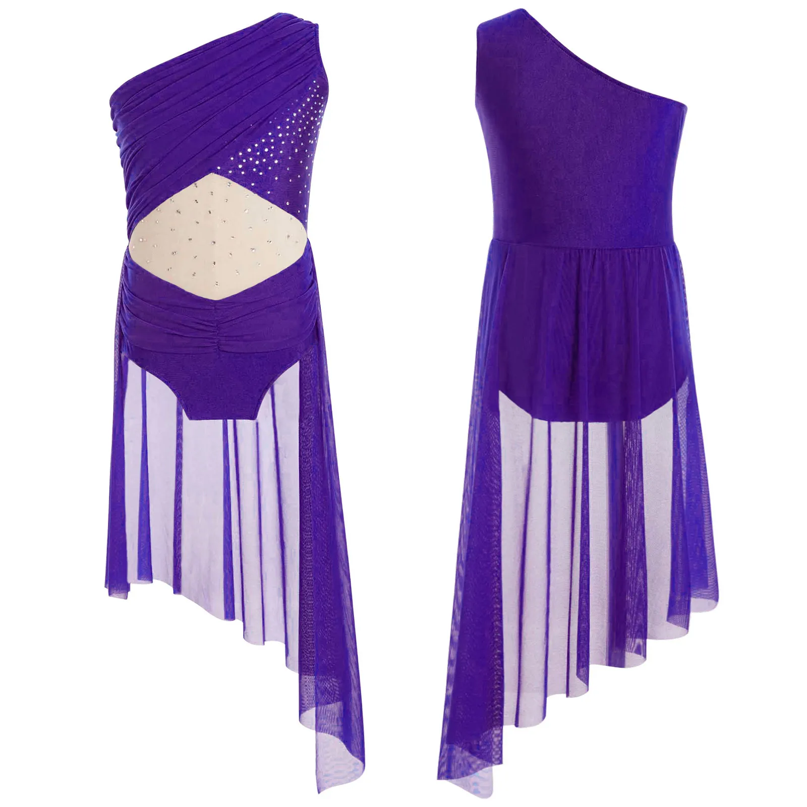 เด็กหญิงเต้นรําชุด Leotard Patchwork Rhinestone เงาบอดี้สูท STAGE เครื่องแต่งกายหนึ่งไหล่แขนกุด Jumpsuit
