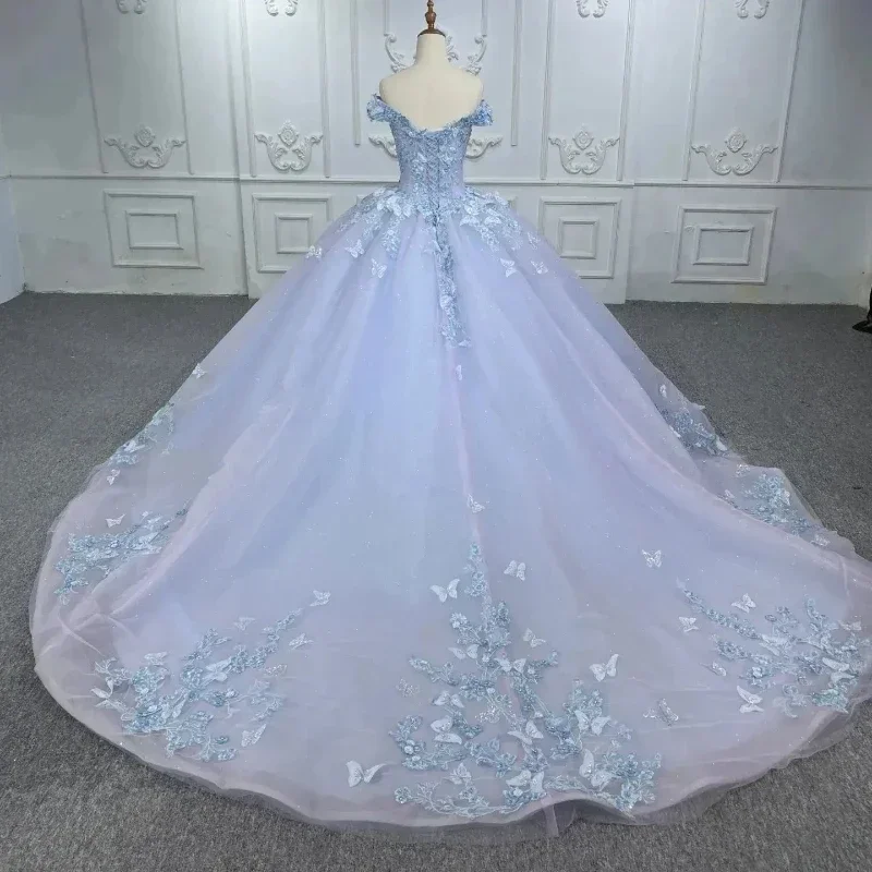 Angelsbridep Lichtblauwe Off-Shoulder Quinceanera Jurken Baljurk Vestidos De 15 Anos Kant 3d Vlinder Formeel Prinsessenfeest