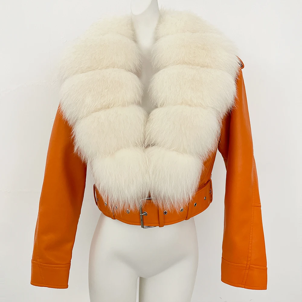 MENINA 2025, Herbst Winter Frauen Schaffell Leder Mantel mit Großen Echten Fuchs Pelz Kragen Jacke Pelzigen Winter Warme Slim Fit Kleidung