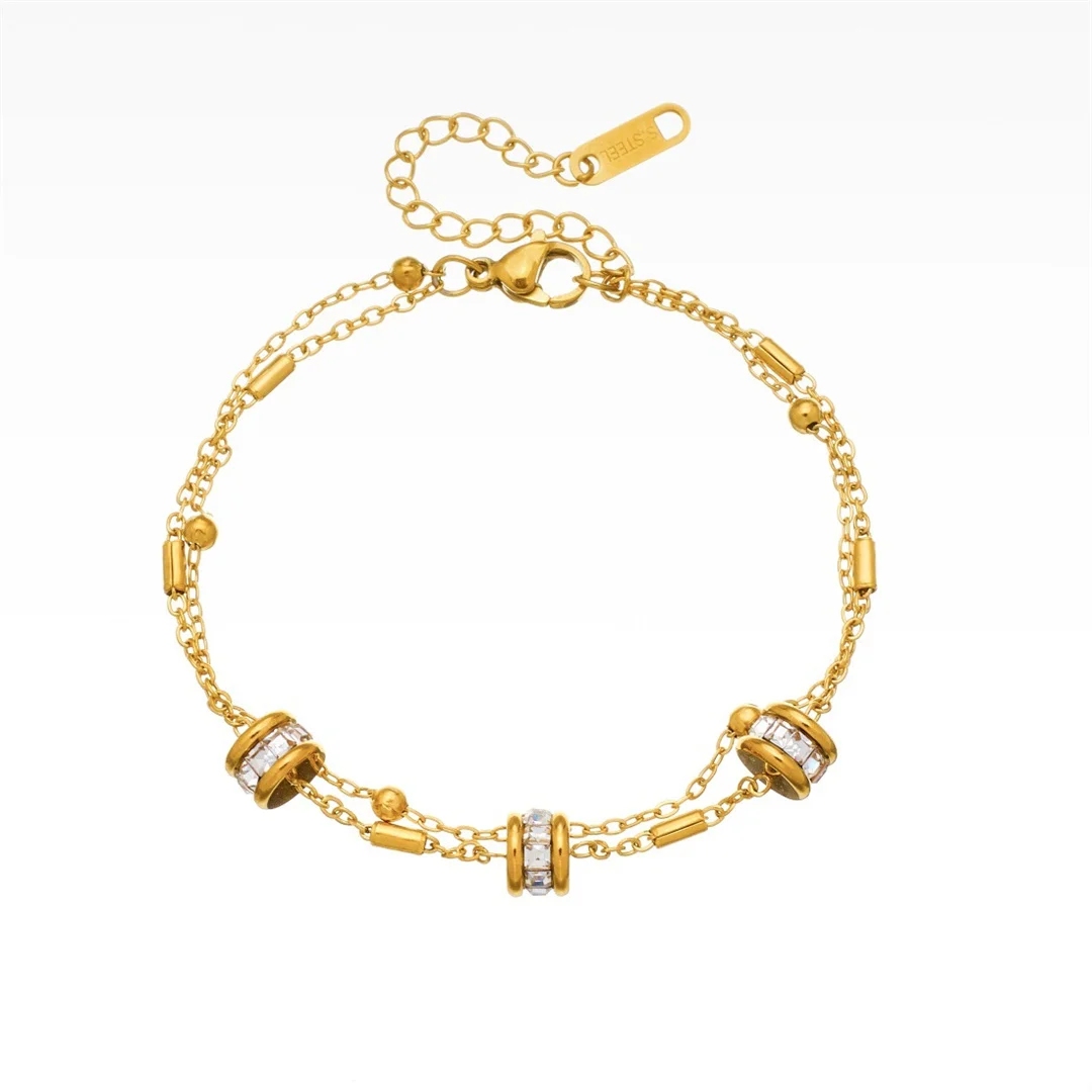 Punk Zirconia Geometry Charm Bracelet Female Gold Color Stainless Steel 2 Layer Chain Link Bracelet for Woman Fashion Jewelry