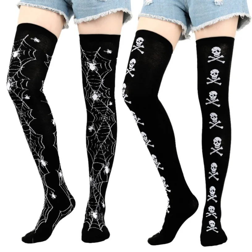 

Skull Thigh High Stockings Womens Ladies Halloween Girls Black White pink Long Over Above Knee Socks Striped Cosplay Harajuku