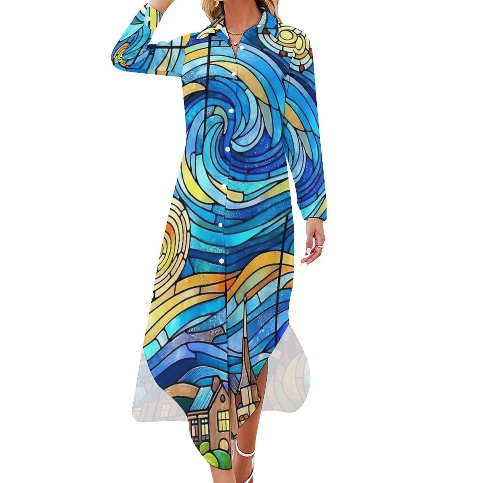 The Starry Night Chiffon Dress Stained Glass Print Festival Dresses Woman Long Sleeve Streetwear V Neck Oversize Casual Dress