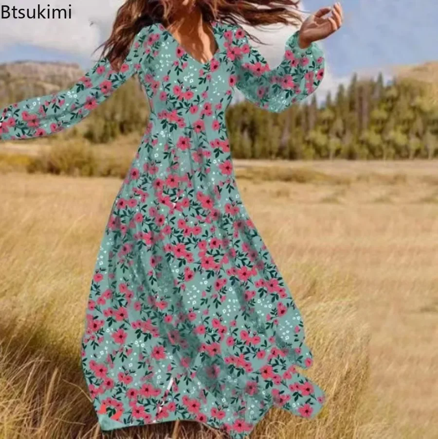 2025 Stylish Casual Maxi Dress for Women Floral Printed Mini Dress Evening Party Dresses V-neck Lantern Sleeve A-line Long Skirt image 4