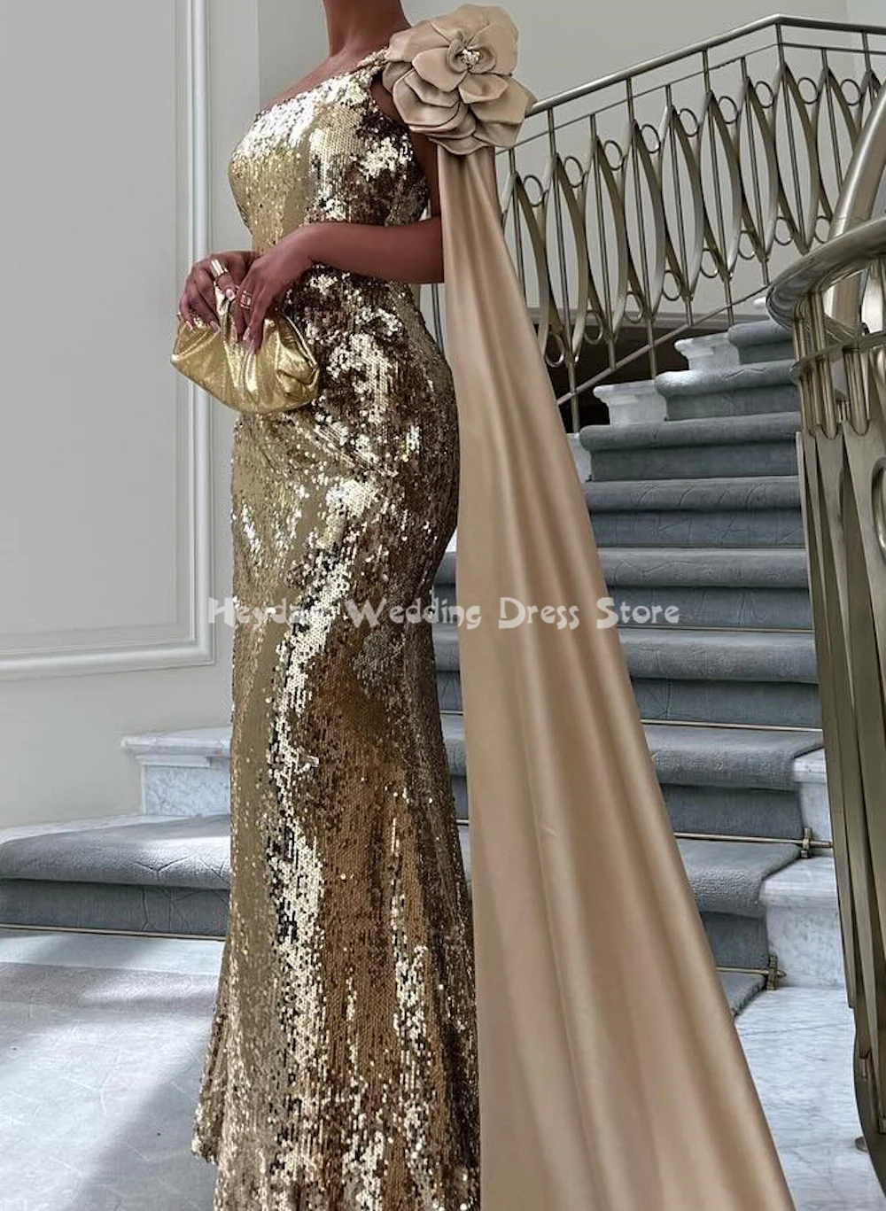 ヘイデイ レディース スパークリー スパンコール ワンショルダー 3Dフラワー ラグジュアリー ドバイ イブニングドレス ノースリーブ ショール付き エレガントドレス 2025