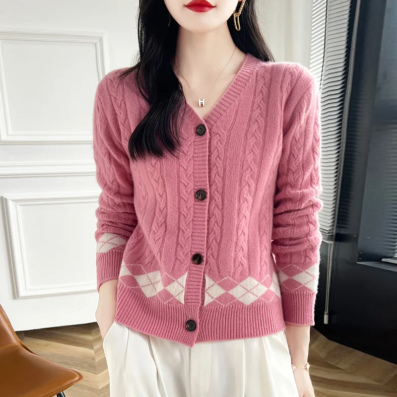 Pure Wool Knitted Sweater For Women Open Cardigan Long Sleeve Loose Warm Winter Coat V Neck Diamond Color Block  Woman clothing.