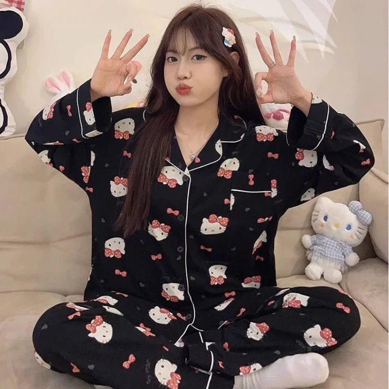 Pyjama imprimé Kawaii Sanurgente Hello Kitty pour femme, cardigan à revers chat KT, manches longues, pantalon, ensemble de vêtements d'intérieur 2 pièces, printemps, automne