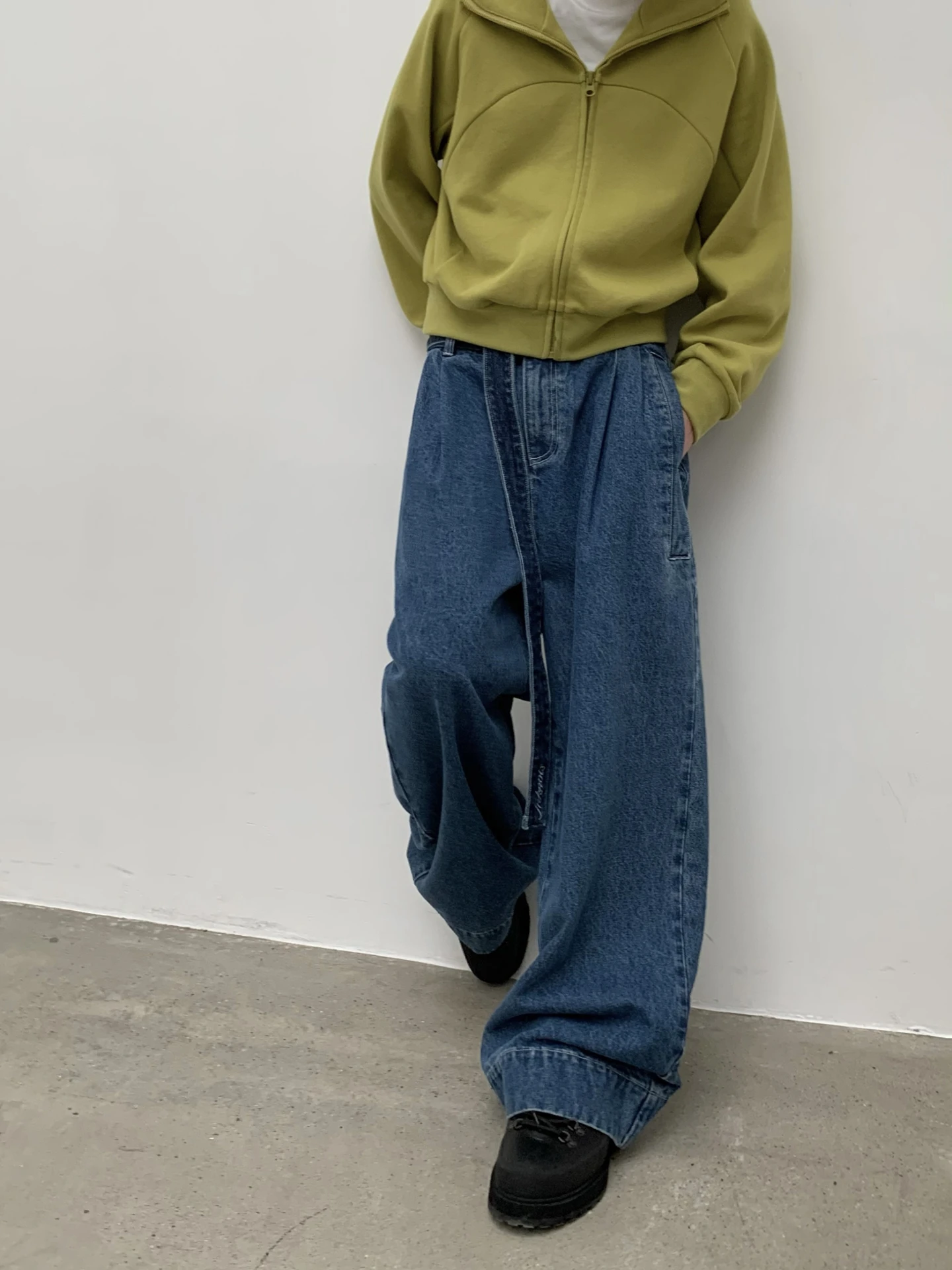 Calças Jeans Largas de Estilo Americano Retrô para Homens e Mulheres com Cinto, em Denim de Algodão Elástico, Cintura Baixa, ...