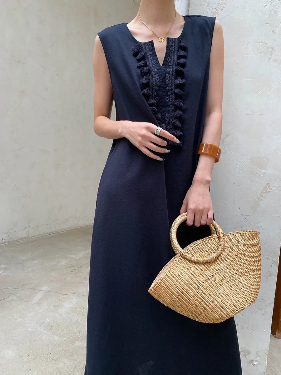 Sommerliches, lässiges, einfarbiges, ärmelloses Westenkleid für Damen mit V-Ausschnitt, Stickerei und Quasten – Detail 13