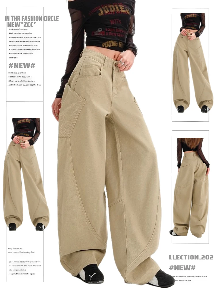 

Женские джинсы цвета хаки, свободные, прямого кроя, длинные брюки, весна-осень, новинка 2025, ретро-стиль, уличная мода, американский стиль, с большими карманами