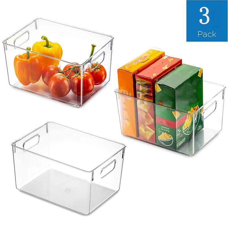 3 Pack Refrigerator Organizer Bins - Stackable Fridge Organizers With Cutout Handles For Freezer,Cabinet, Countertops