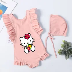 Hello Kitty strój kąpielowy dla dzieci letnie stroje kąpielowe kostium plażowy dla dzieci noszą jednoczęściowy strój kąpielowy bikini sukienki bez rękawów dla dziewczynek