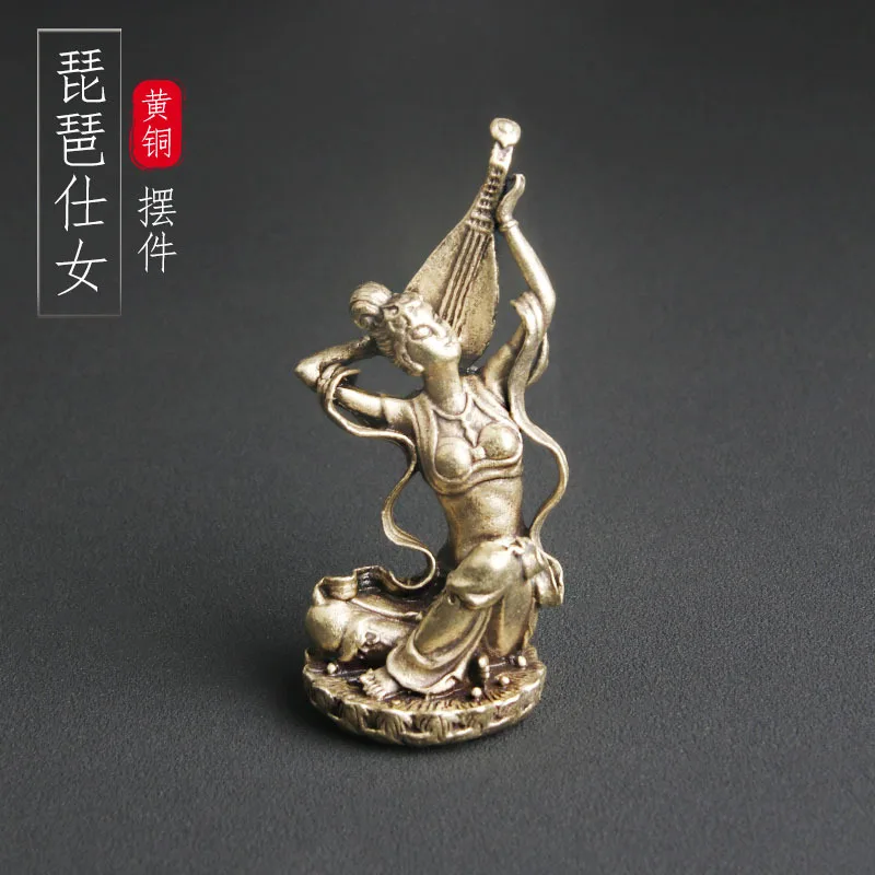 Brass Dunhuang Flying Bronze Statue Desktop Ornaments Bounce Pipa Ladies Statue China-Chic Ornaments Crafts