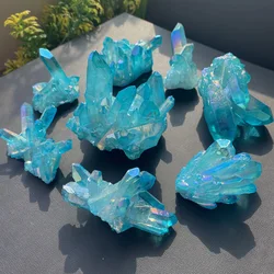 Natural Sky Blue Angel Aura Quartz Electroplating Titanium Crystal Cluster Stone Specimens Cured Coating Healing Crystals