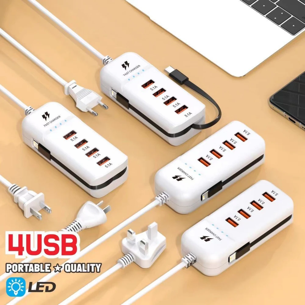 66 واط شاحن يو اس بي 4 منافذ USB مهايئ توزيع نوع C شحن سريع مقبس الطاقة مع نوع C كابل شحن الجدار QC3.0 شاحن السفر