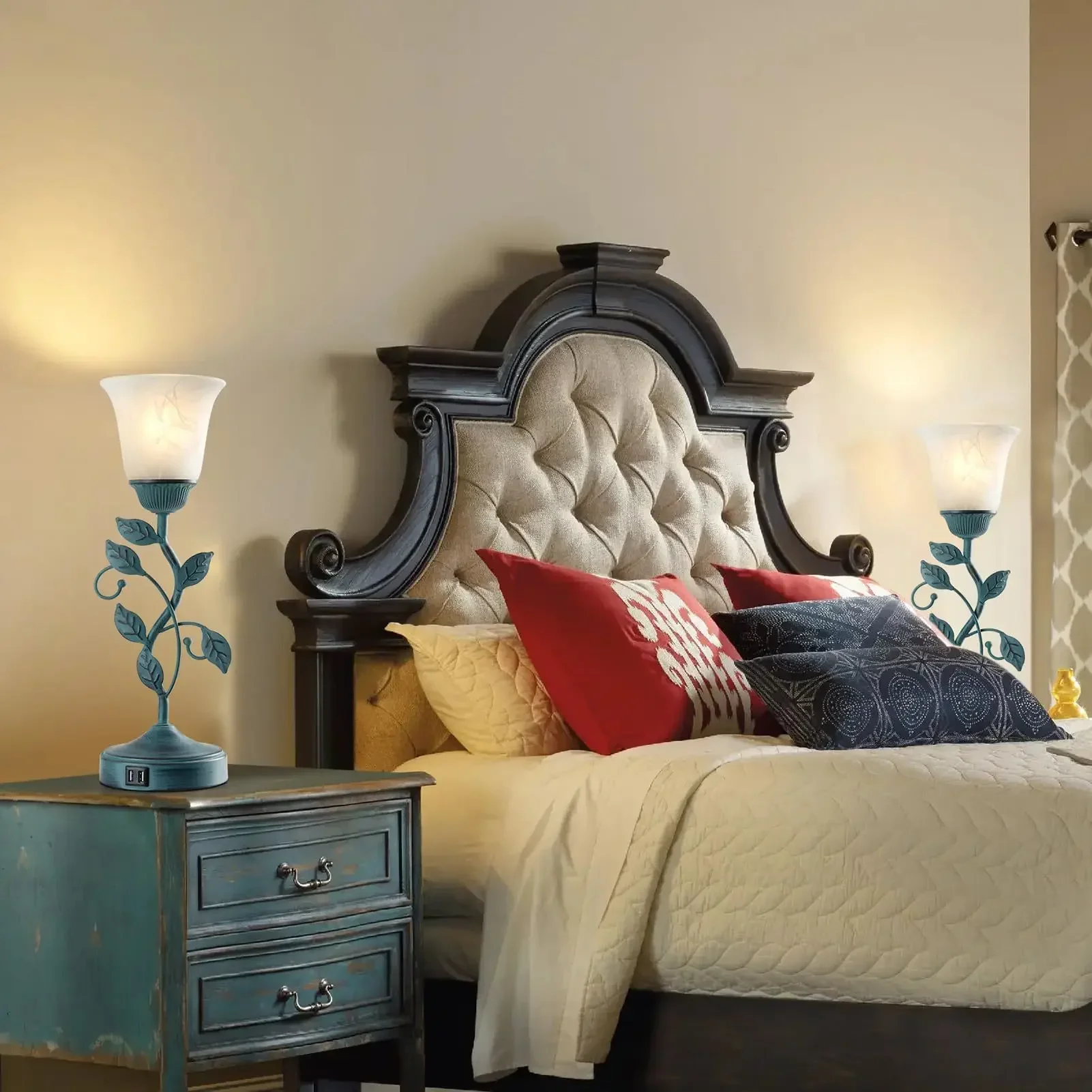 19inch Vintage Touch-Control Desk Lamp with 2 USB Ports, Handwoven Wicker Base & Stained Glass Floral Shade, Includes LED Bulb