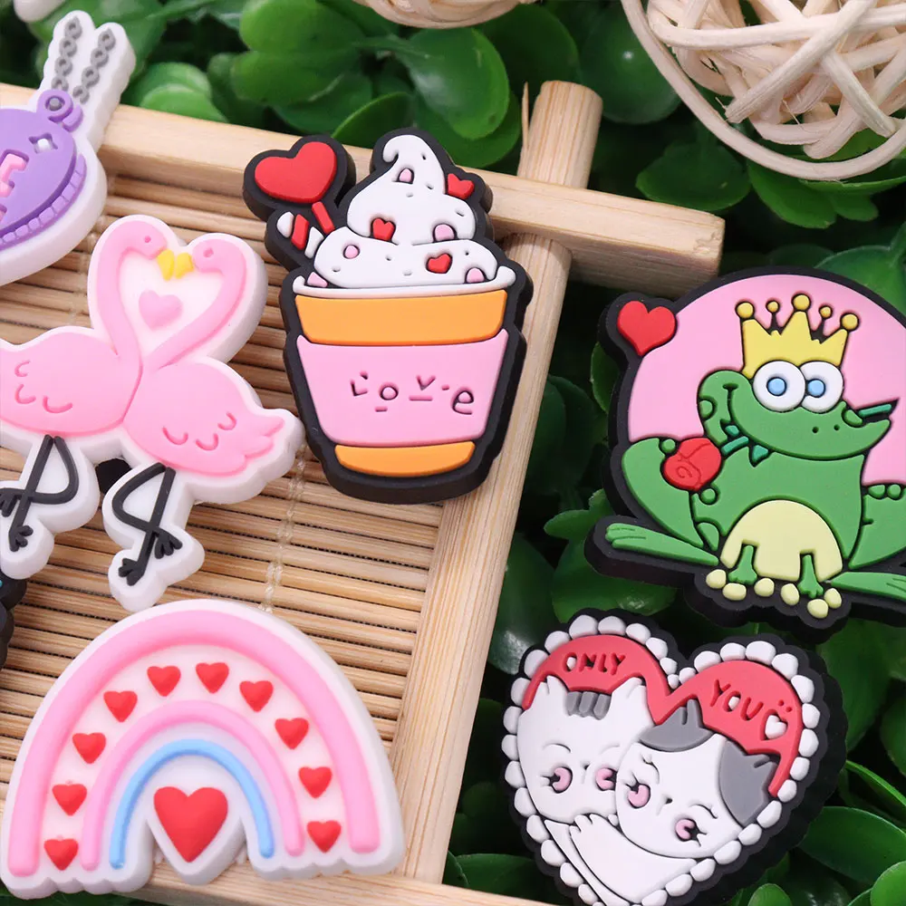 1-16pcs Fall In Love Flower Rainbow PVC Shoes Buckle Charms Woman Decorations Adult Button Clogs Fit Valentine's Gift